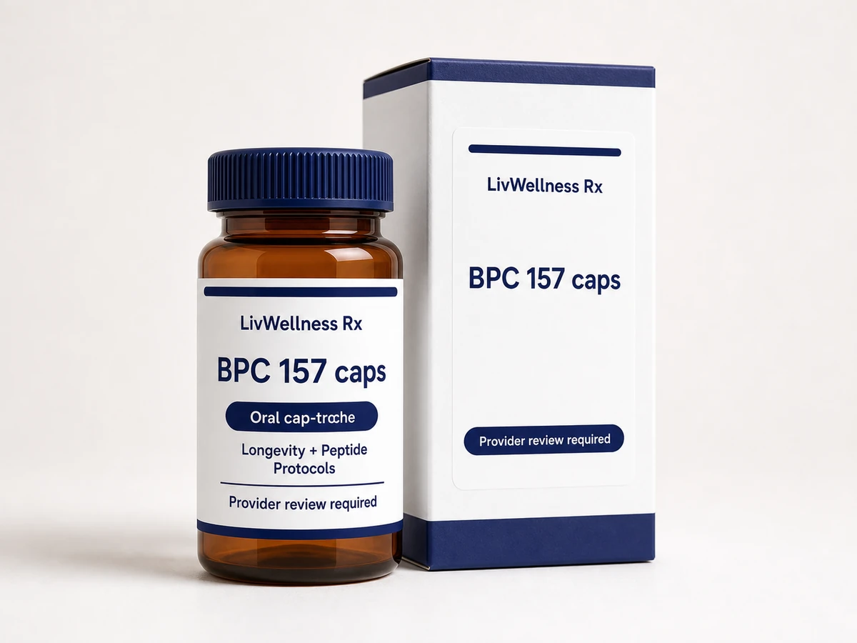 LivWellness Rx BPC 157 caps product packaging.