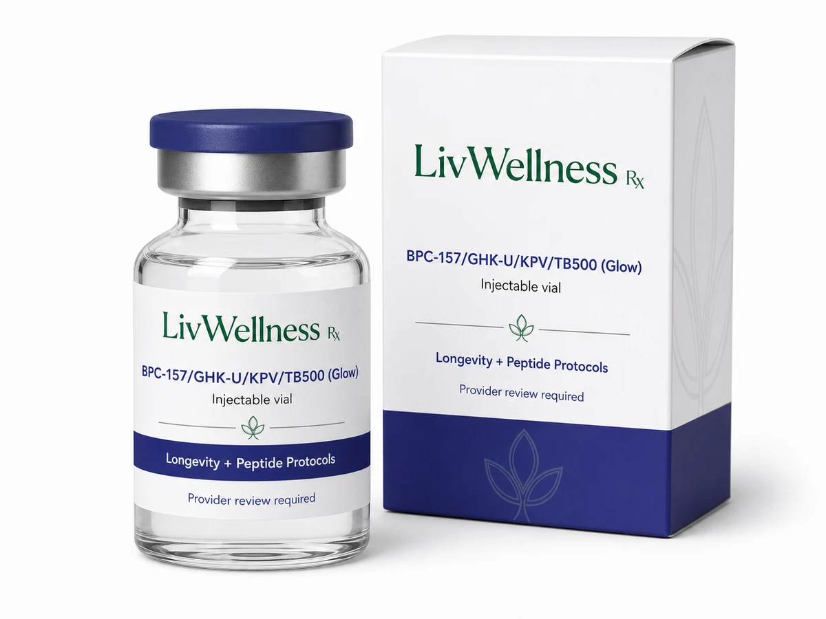 LivWellness Rx BPC-157/GHK-U/KPV/TB500 (Glow) product packaging.