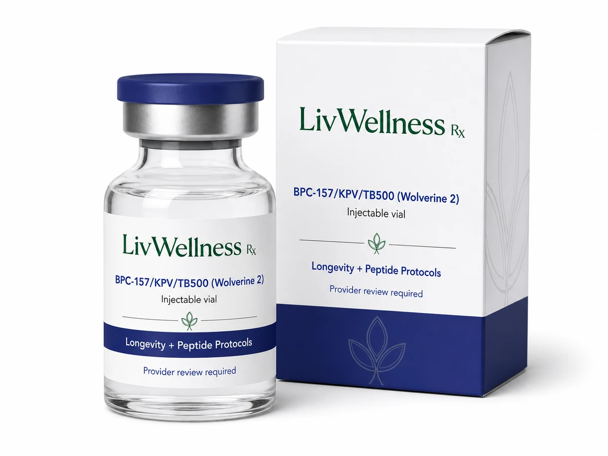 LivWellness Rx BPC-157/KPV/TB500 (Wolverine 2) product packaging.