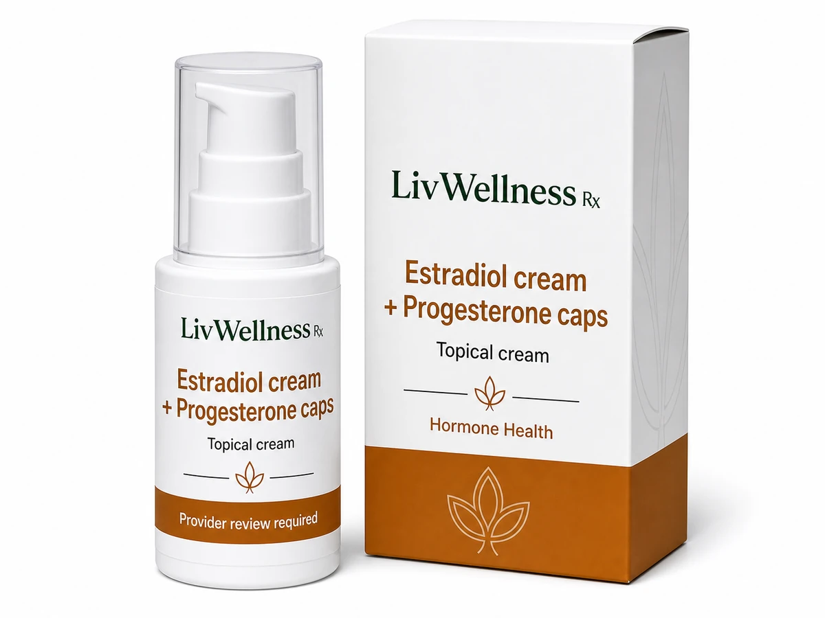 LivWellness Rx Estradiol cream + Progesterone caps product packaging.