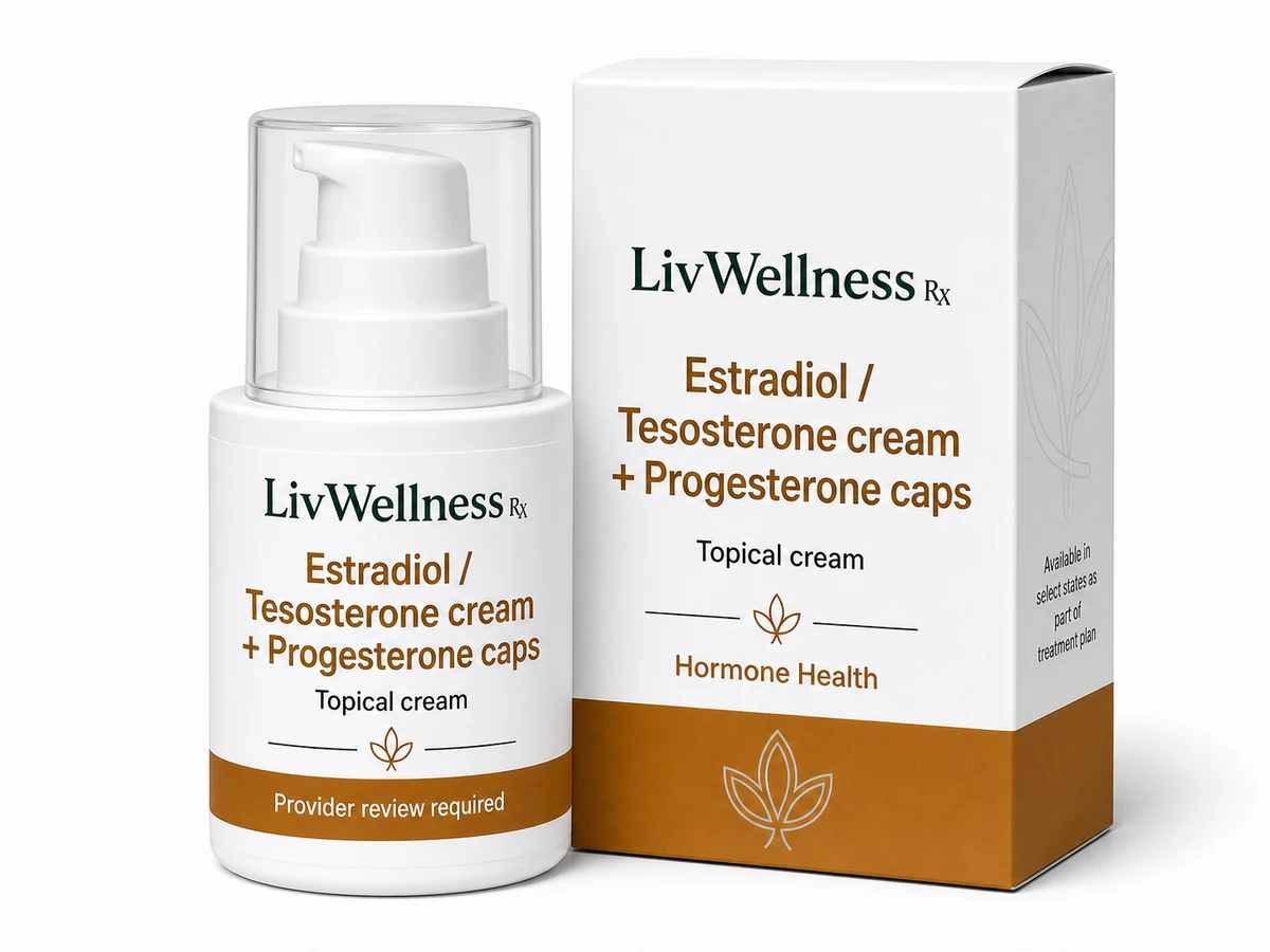 LivWellness Rx Estradiol / Tesosterone cream + Progesterone caps (if testosterone is included as part of the treatment plan, it is only available in 30 states) product packaging.