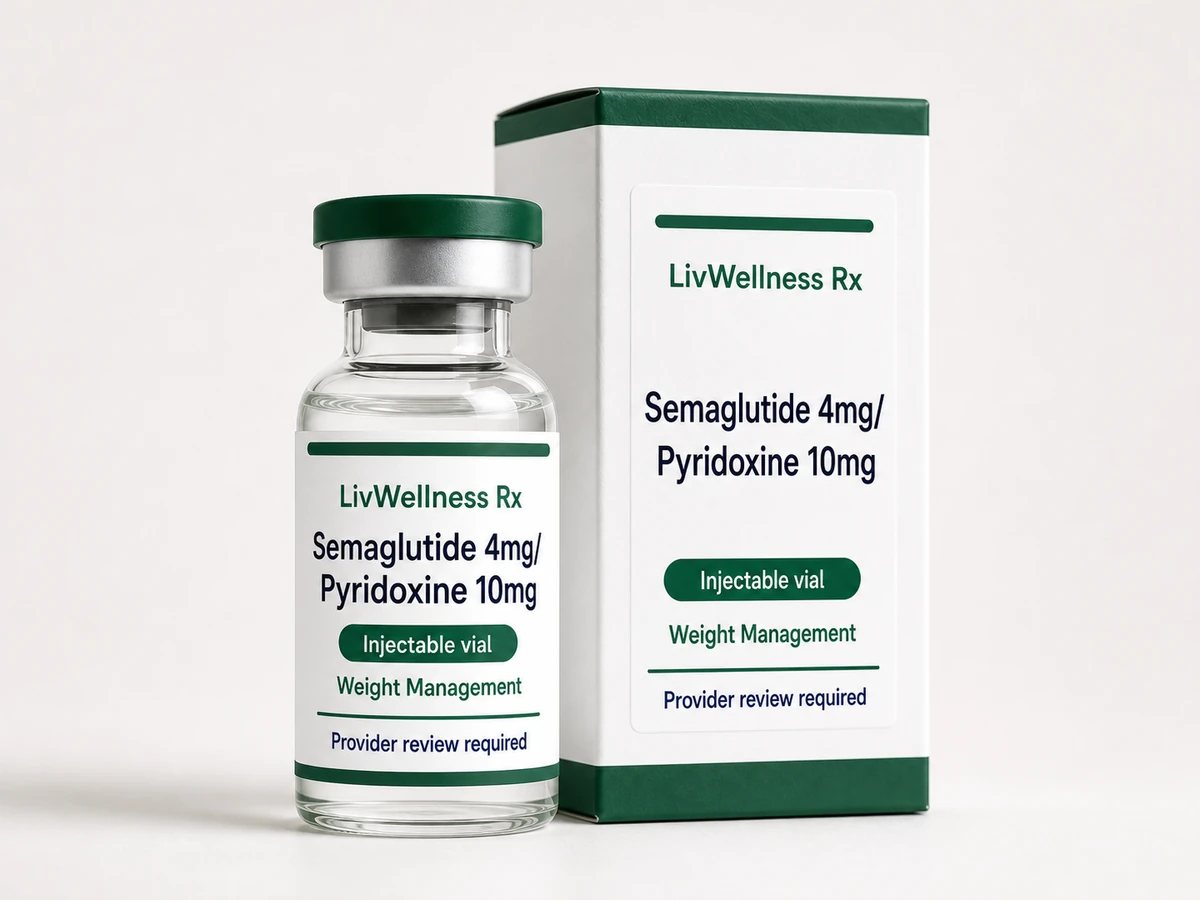 LivWellness Rx Semaglutide 4mg/Pyridoxine 10mg product packaging.