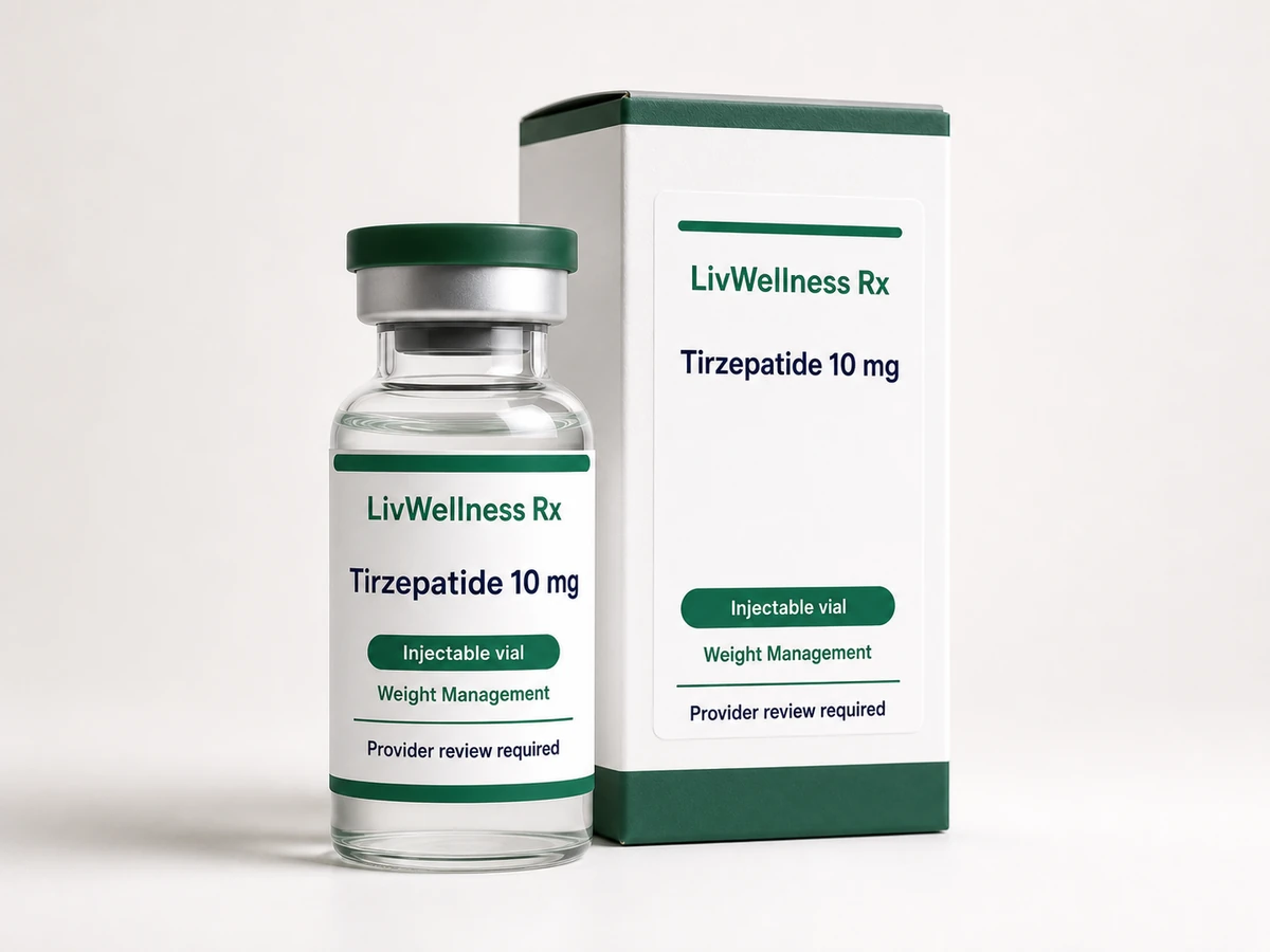 LivWellness Rx Tirzepatide 10 mg product packaging.