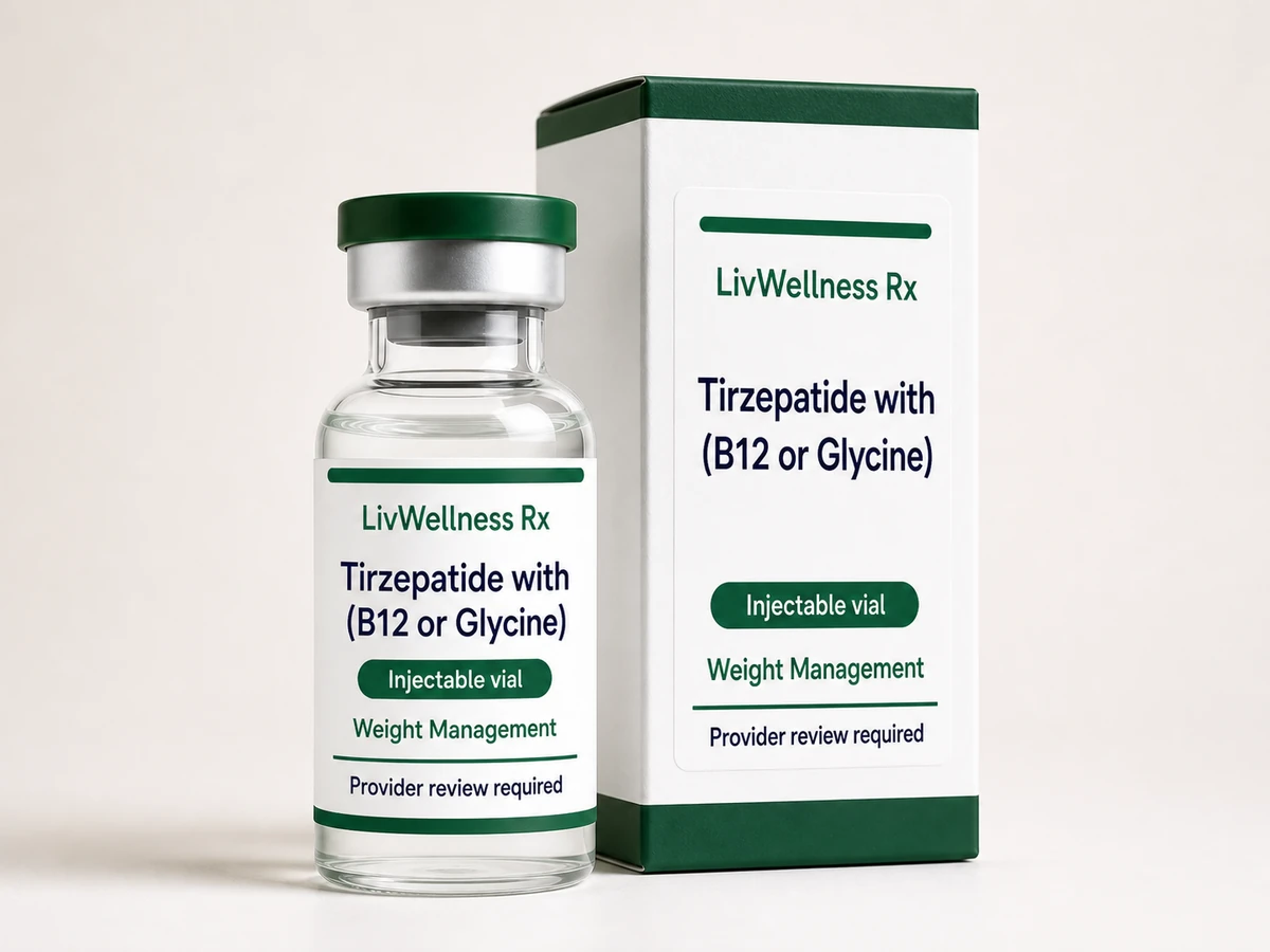 LivWellness Rx Tirzepatide with (B12 or Glycine) product packaging.